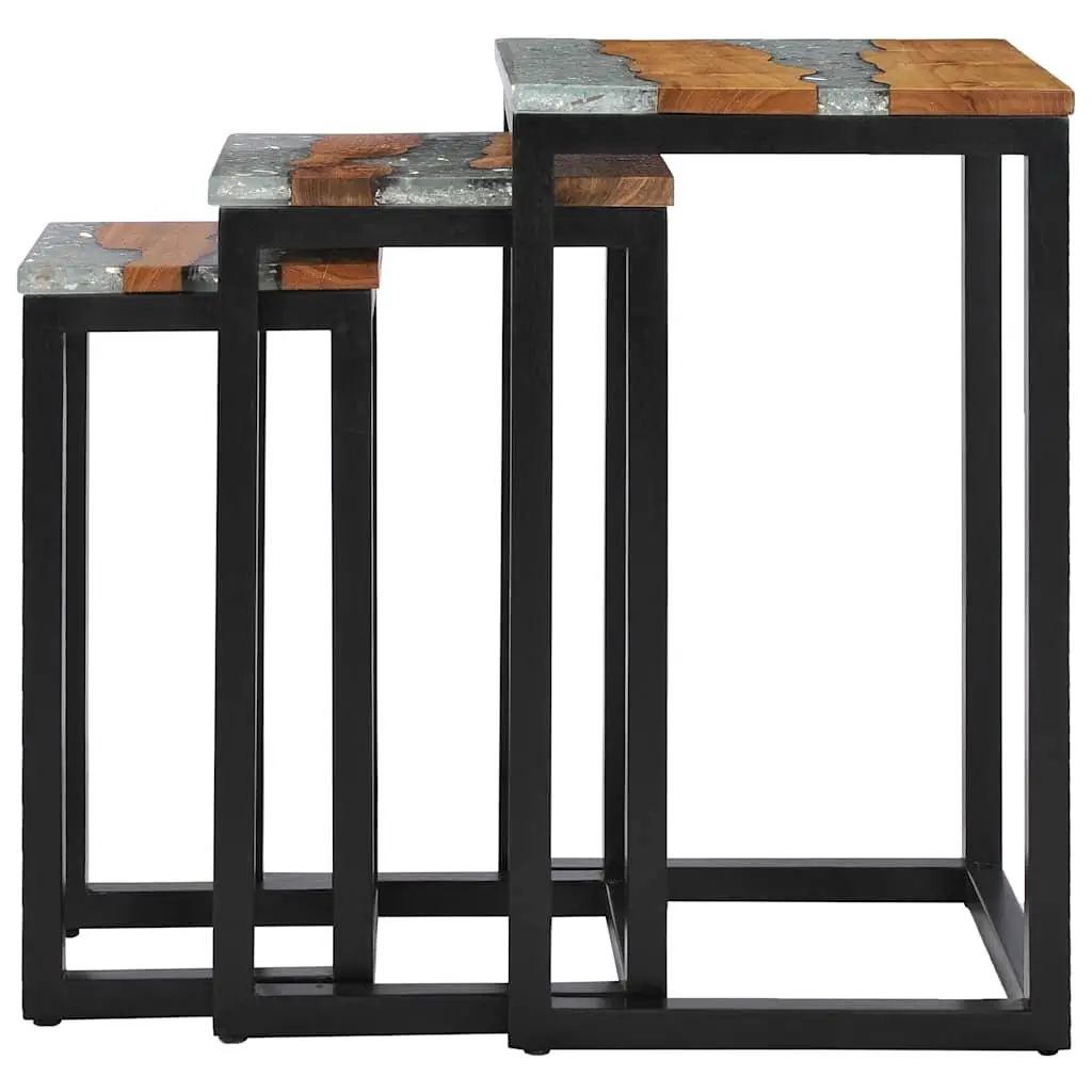 Nesting Tables Solid Teak Wood Crushed Glass 3 Piece Set Brown