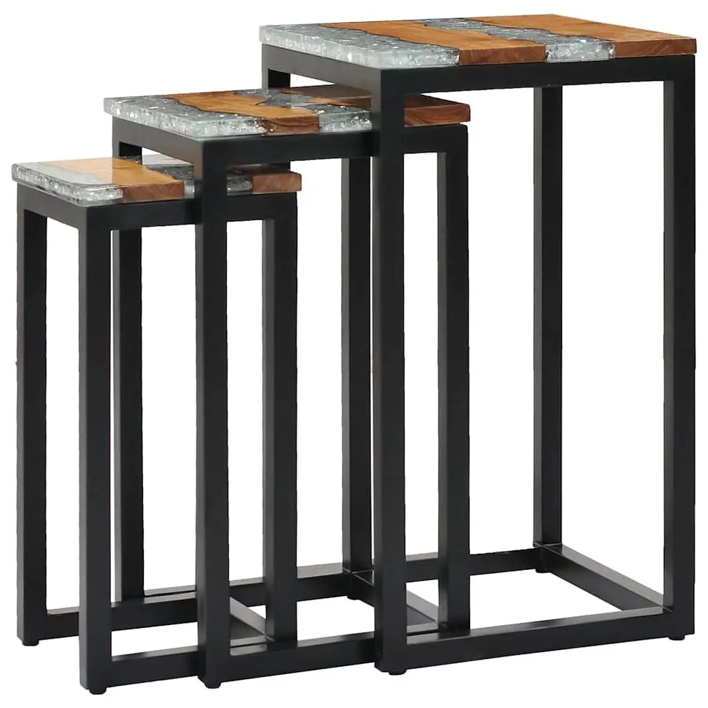 Nesting Tables Solid Teak Wood Crushed Glass 3 Piece Set Brown