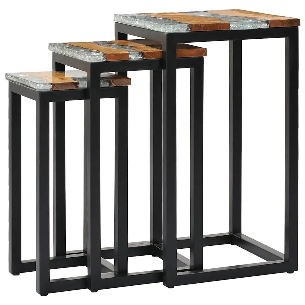 Nesting Tables Solid Teak Wood Crushed Glass 3 Piece Set Brown