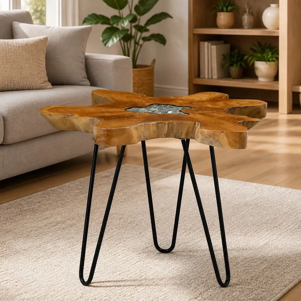 Coffee Table Multicolour 70x45 cm Solid Teak Wood Polyresin Top Handmade Rustic Living Room Furniture