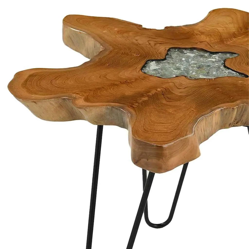 Coffee Table Multicolour 70x45 cm Solid Teak Wood Polyresin Top Handmade Rustic Living Room Furniture
