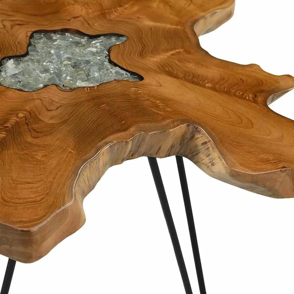 Coffee Table Multicolour 70x45 cm Solid Teak Wood Polyresin Top Handmade Rustic Living Room Furniture