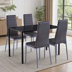 Dining Table Set 5 Piece Grey Kitchen Modern Design Glass Top Chairs