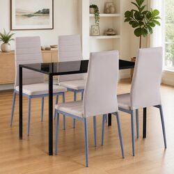 Dining Table Set 5 Piece Modern Kitchen Furniture Glass Top 4 Chairs Beige