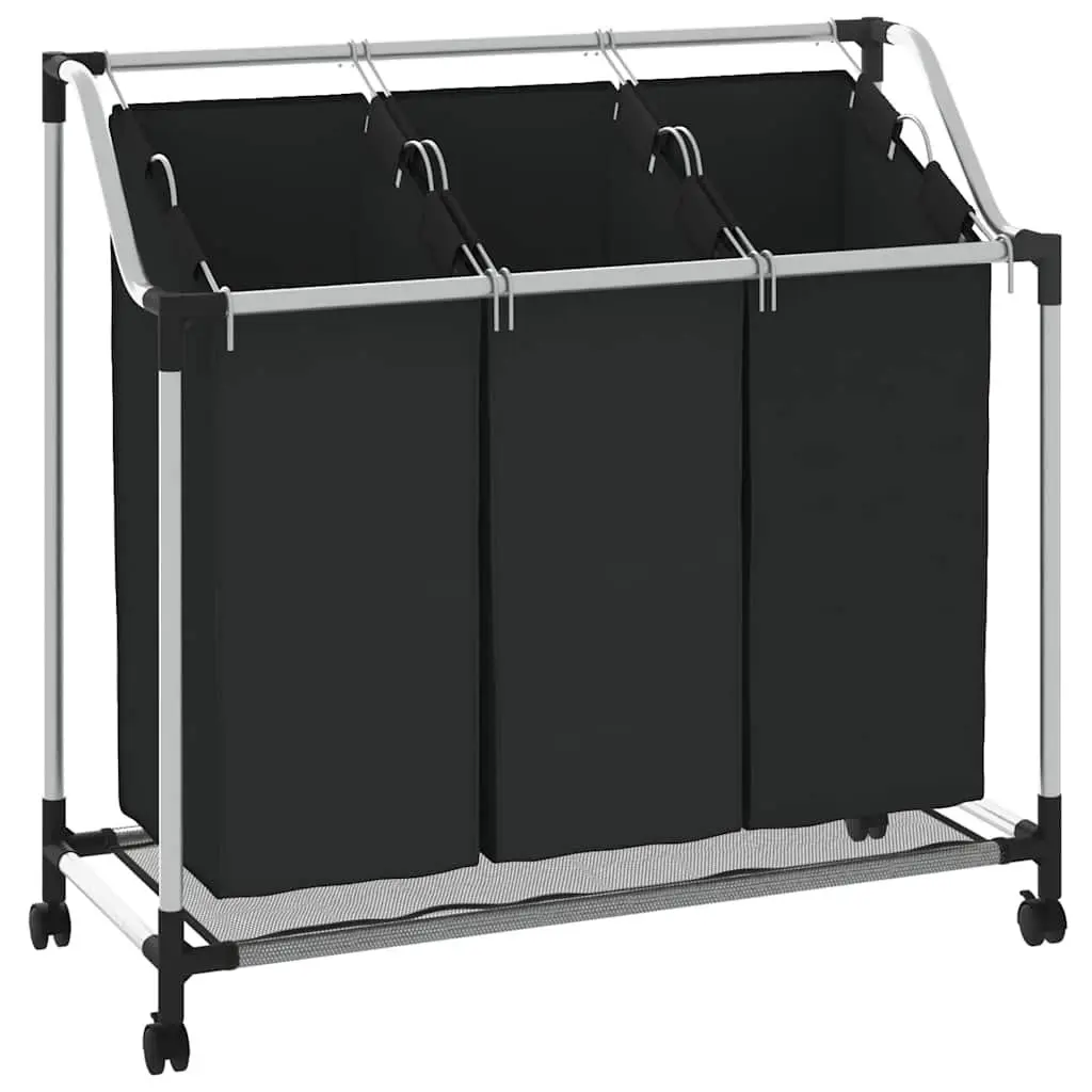 Laundry Sorter Steel Frame Black 3 Bags with Wheels and Handles Utility Room Organizer