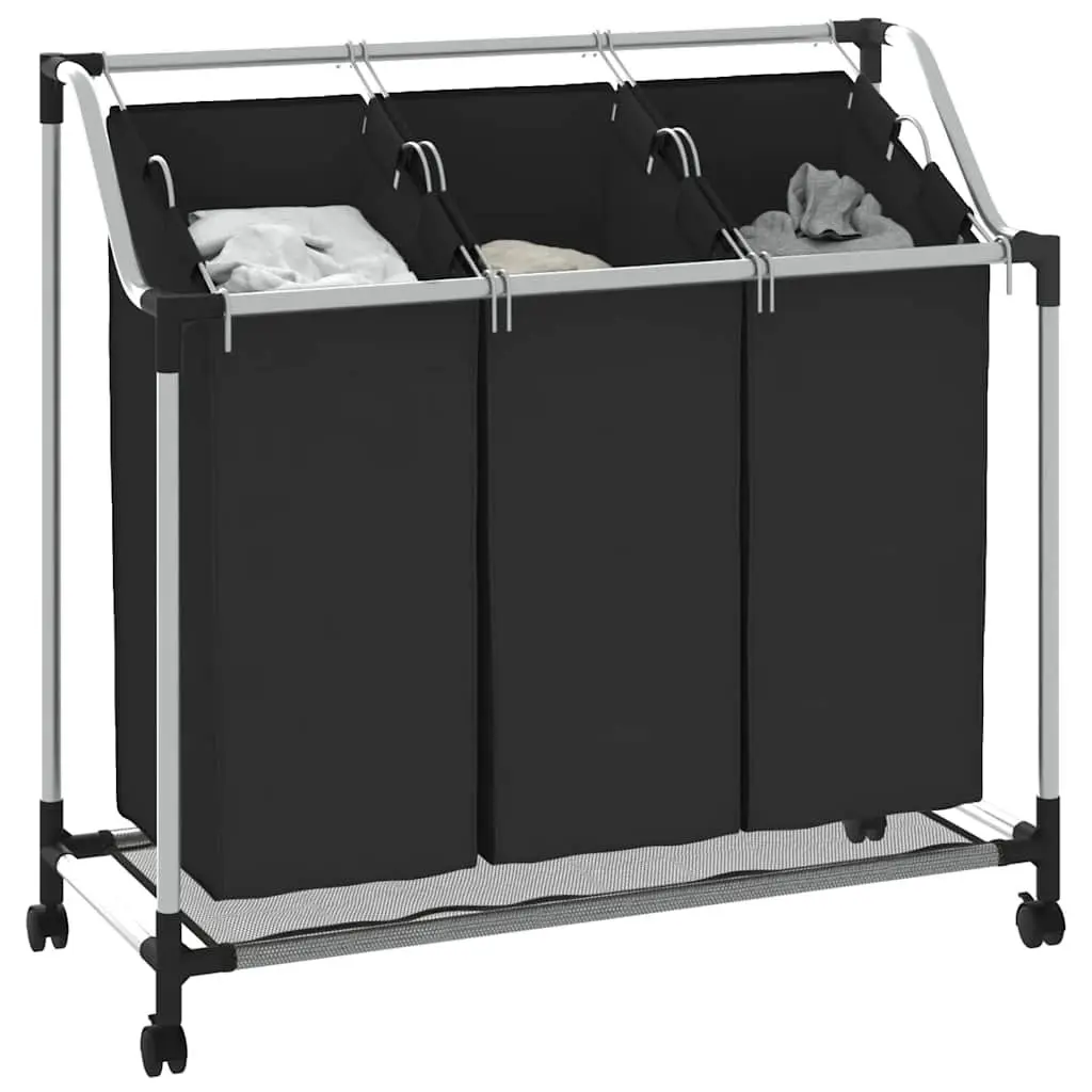 Laundry Sorter Steel Frame Black 3 Bags with Wheels and Handles Utility Room Organizer