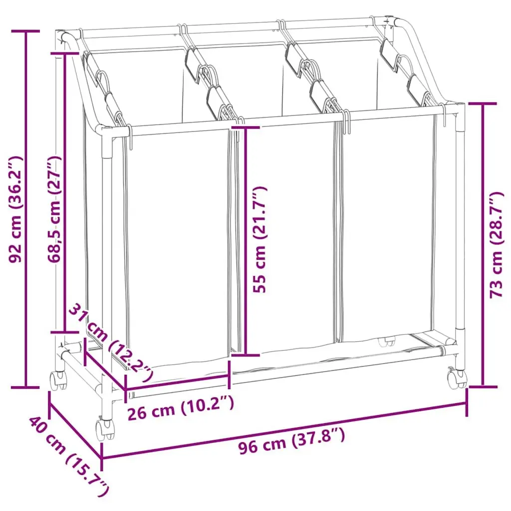 Laundry Sorter Steel Frame Black 3 Bags with Wheels and Handles Utility Room Organizer
