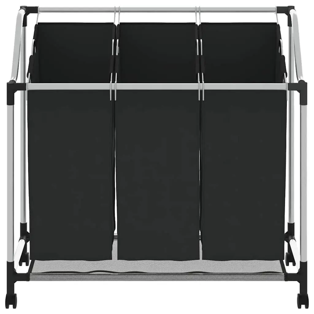 Laundry Sorter Steel Frame Black 3 Bags with Wheels and Handles Utility Room Organizer