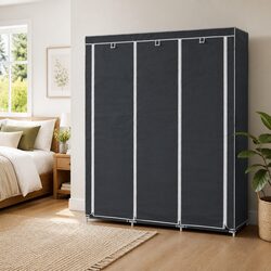 Portable Wardrobe Storage Cabinet with Compartments Rods Black Closet Organizer