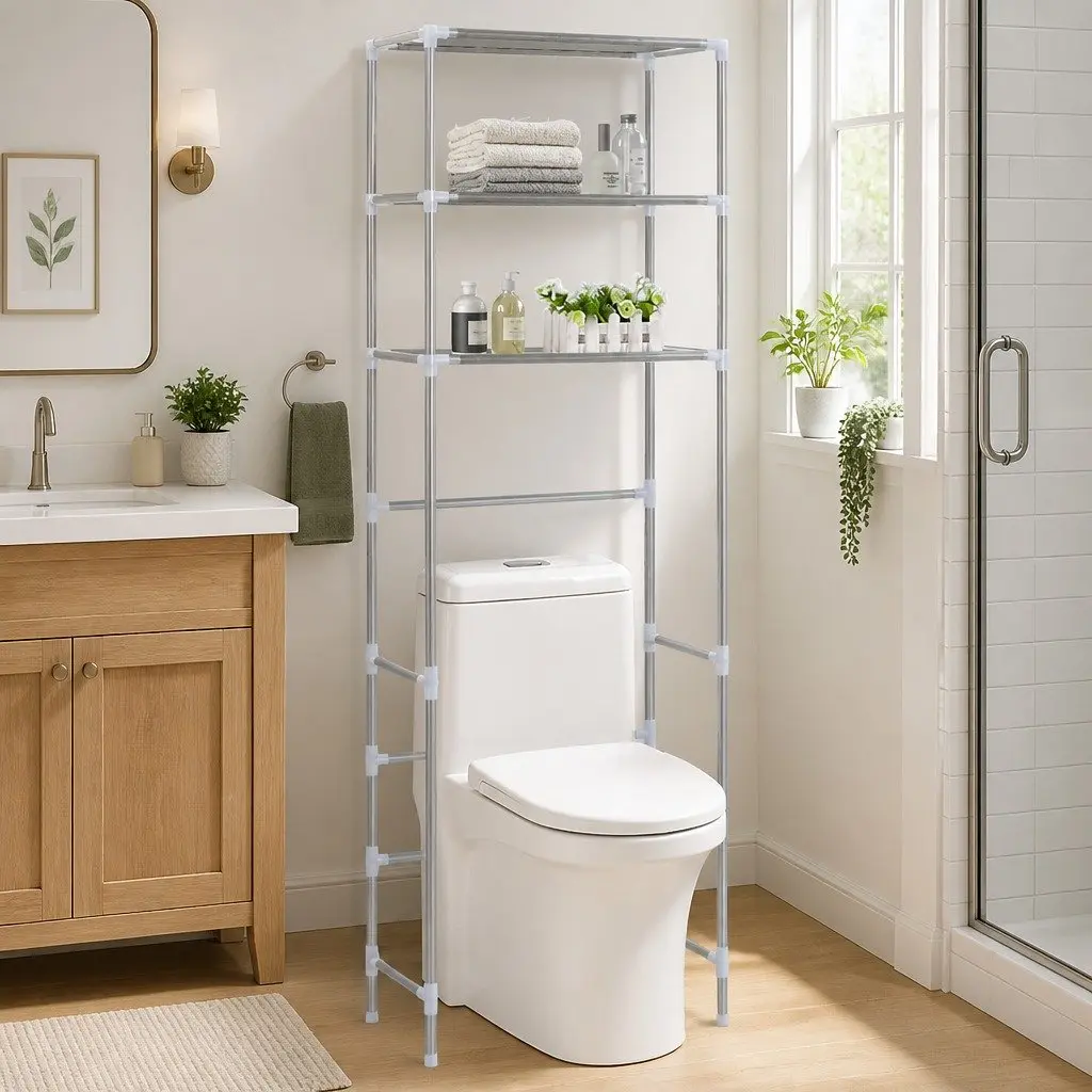 3 Tier Silver Storage Rack Stainless Steel Bathroom Organizer Over Toilet
