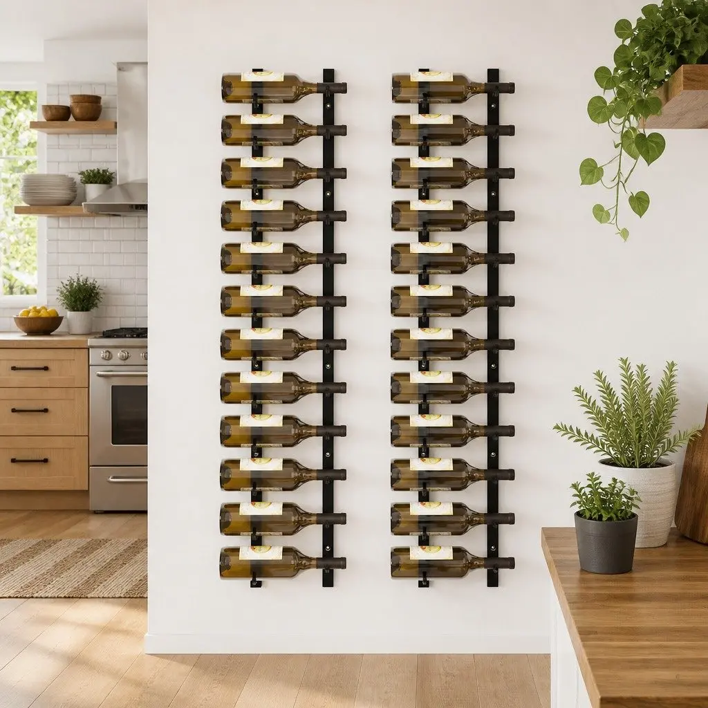 Wall Mounted Wine Rack Iron 12 Bottles Black Set of 2