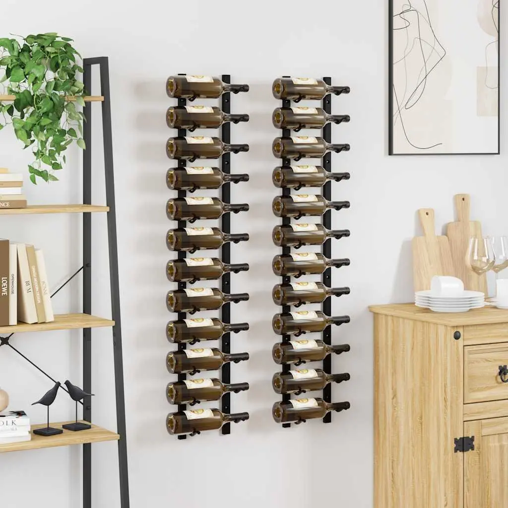 Wall Mounted Wine Rack Iron 12 Bottles Black Set of 2