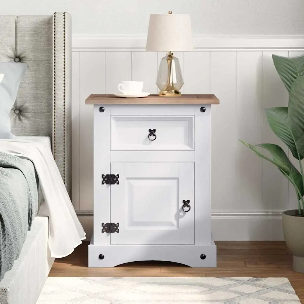 Bedside Cabinet Solid Pinewood Waxed White Mexican Corona Style Nightstand with Drawer
