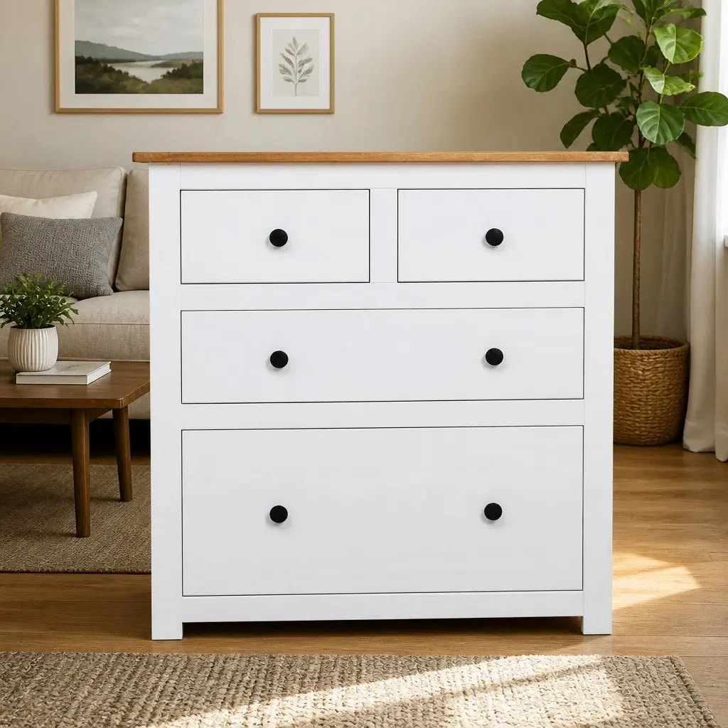 White Wooden Sideboard Storage Cabinet 4 Drawers Rustic Home Furniture Organiser