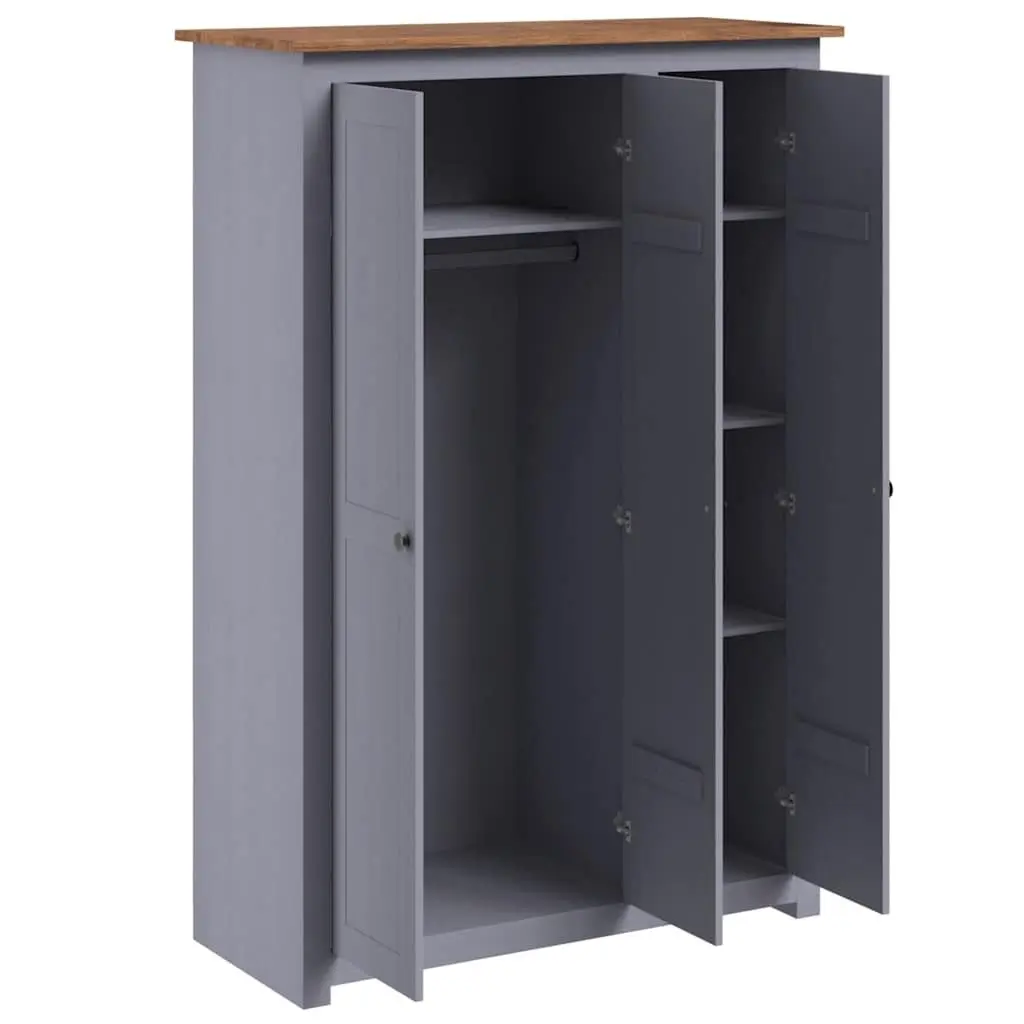 3-Door Wardrobe Solid Pinewood Grey Storage Cabinet Cupboard with Shelves Hanger Bar