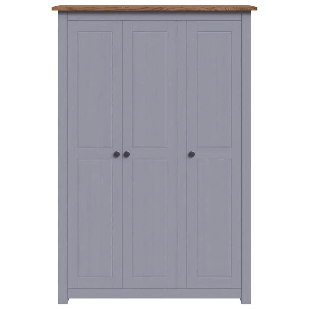3-Door Wardrobe Solid Pinewood Grey Storage Cabinet Cupboard with Shelves Hanger Bar