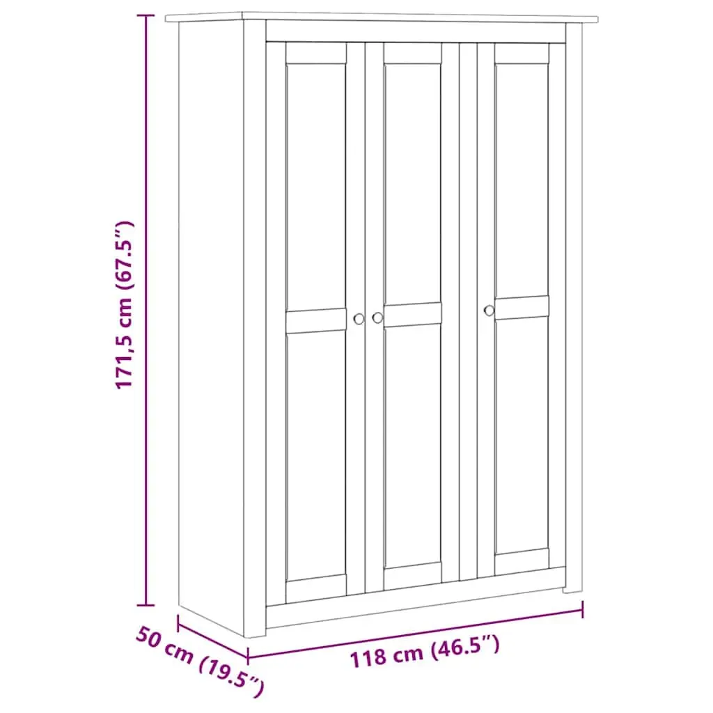 3-Door Wardrobe Solid Pinewood Grey Storage Cabinet Cupboard with Shelves Hanger Bar