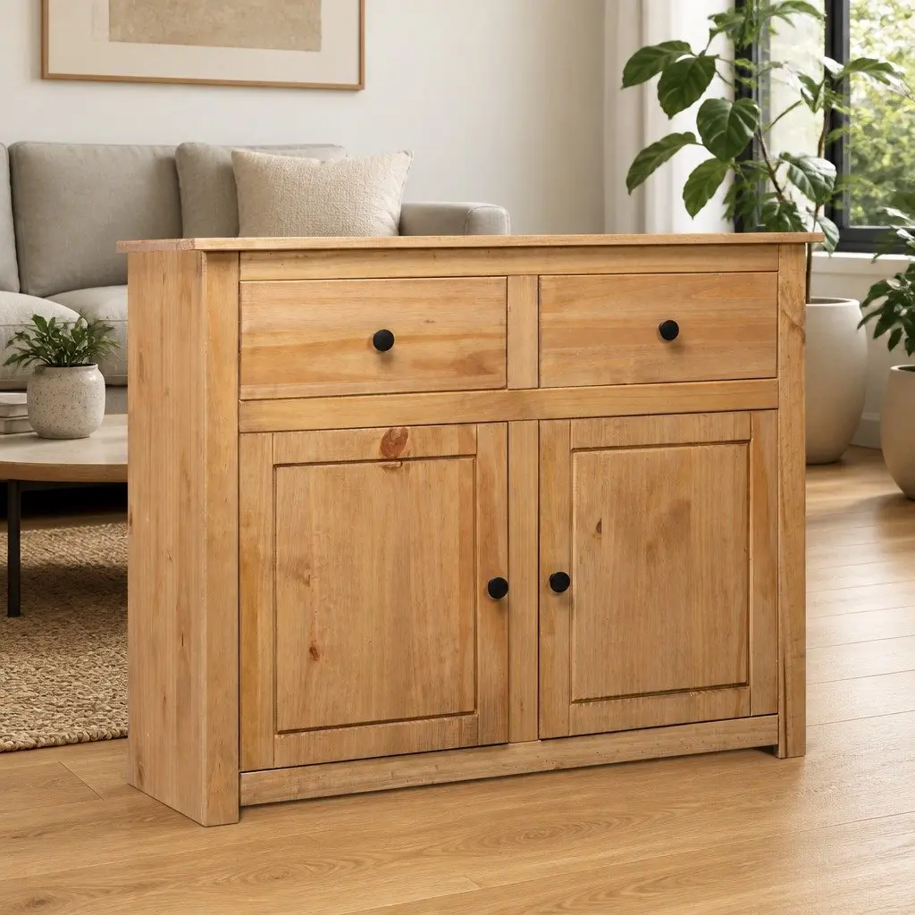 Solid Pinewood Sideboard 93x40x80 cm Brown 2 Drawers 2 Doors