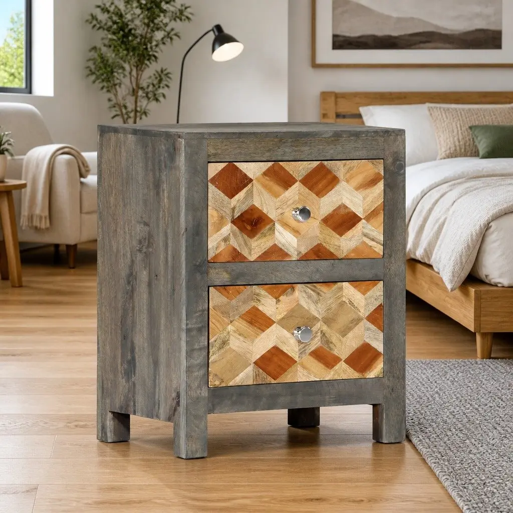 Bedside Table Solid Mango Wood 2 Drawer Grey Nightstand Bedroom Storage