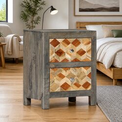 Bedside Cabinet Grey Nightstand 2 Drawers Solid Mango Wood Bedroom Storage Table