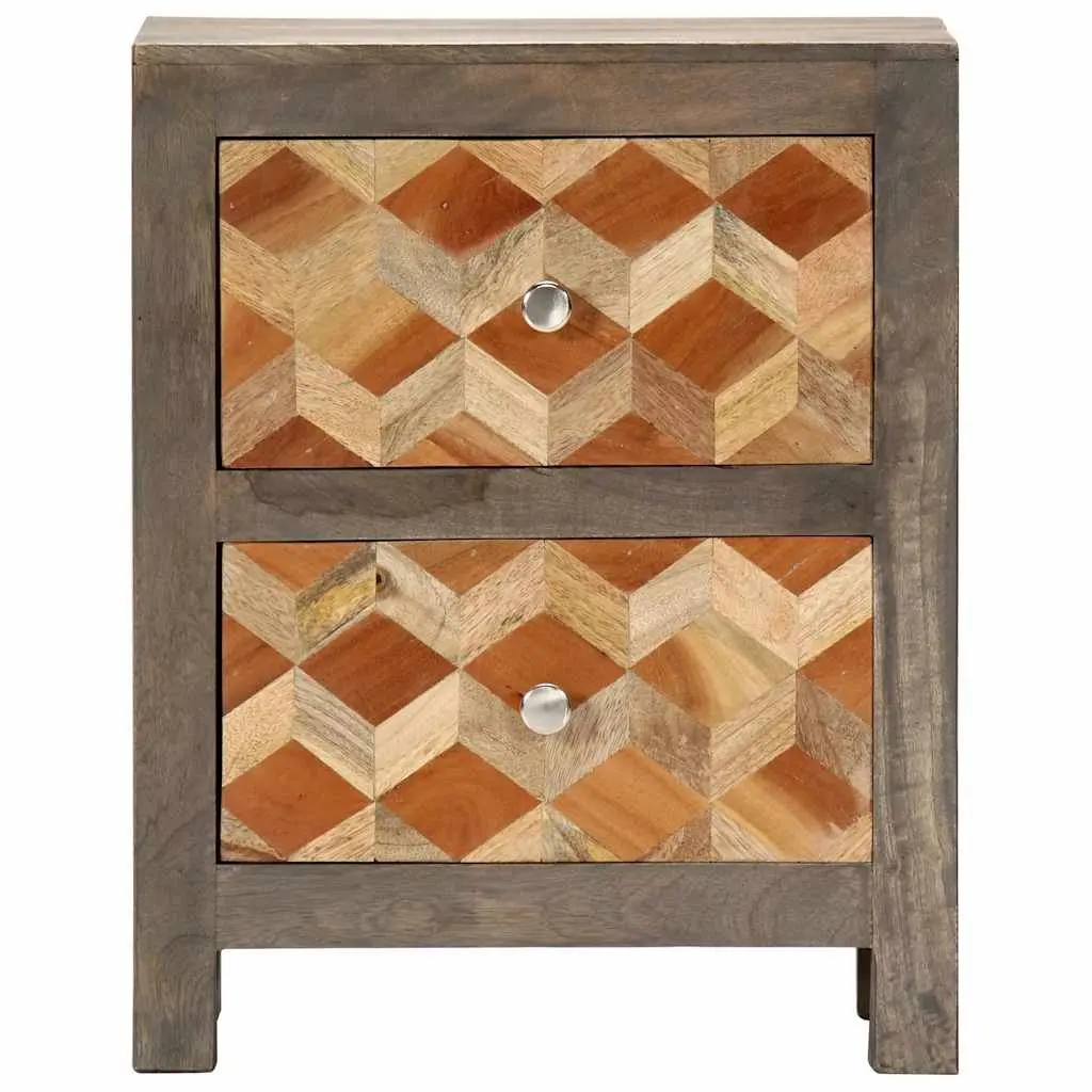 Bedside Table Solid Mango Wood 2 Drawer Grey Nightstand Bedroom Storage