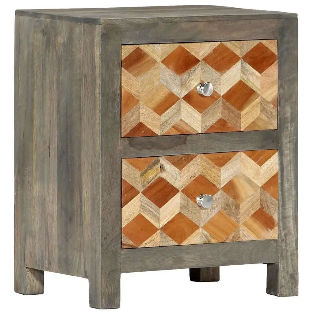 Bedside Table Solid Mango Wood 2 Drawer Grey Nightstand Bedroom Storage