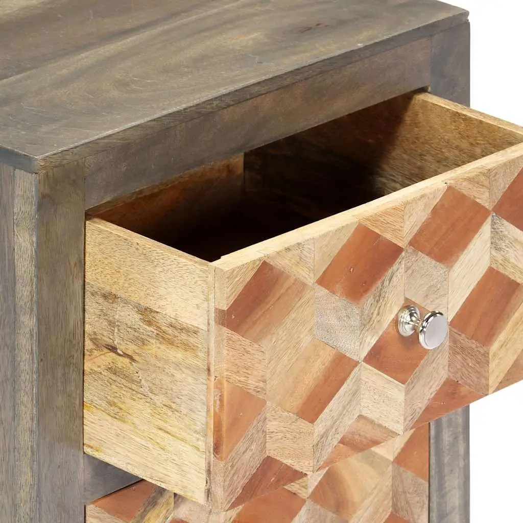 Bedside Table Solid Mango Wood 2 Drawer Grey Nightstand Bedroom Storage