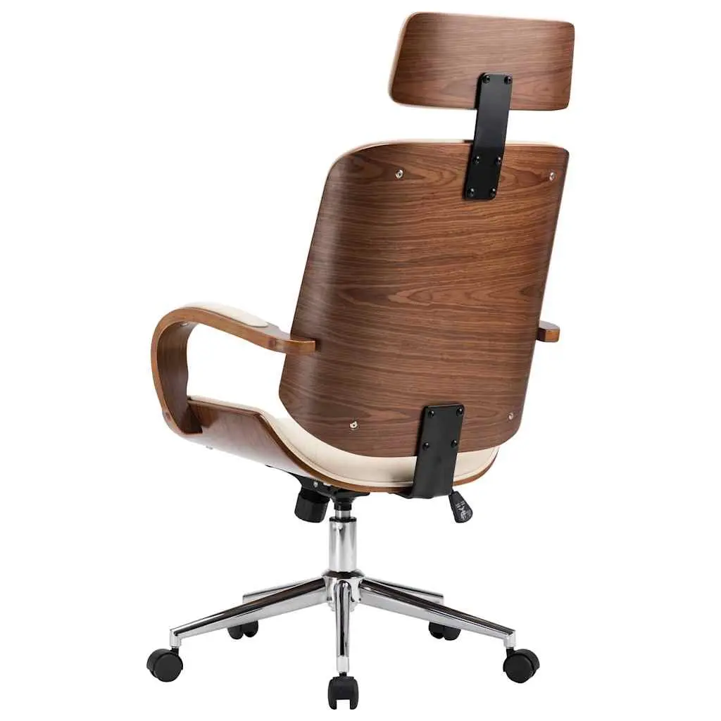 Swivel Office Chair with Headrest Cream Faux Leather Bentwood Frame Adjustable