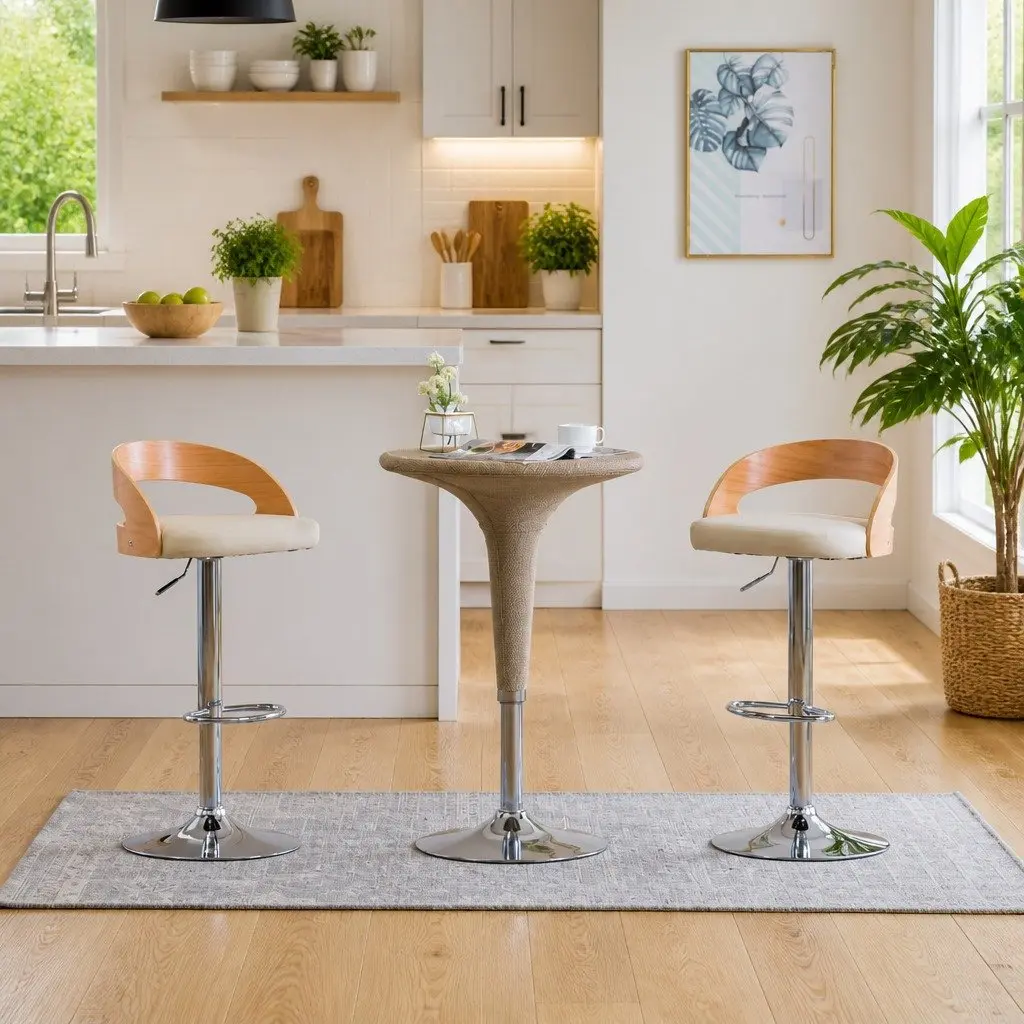 Bar Stools Faux Leather Cream Adjustable Height Bentwood Frame 2 Piece