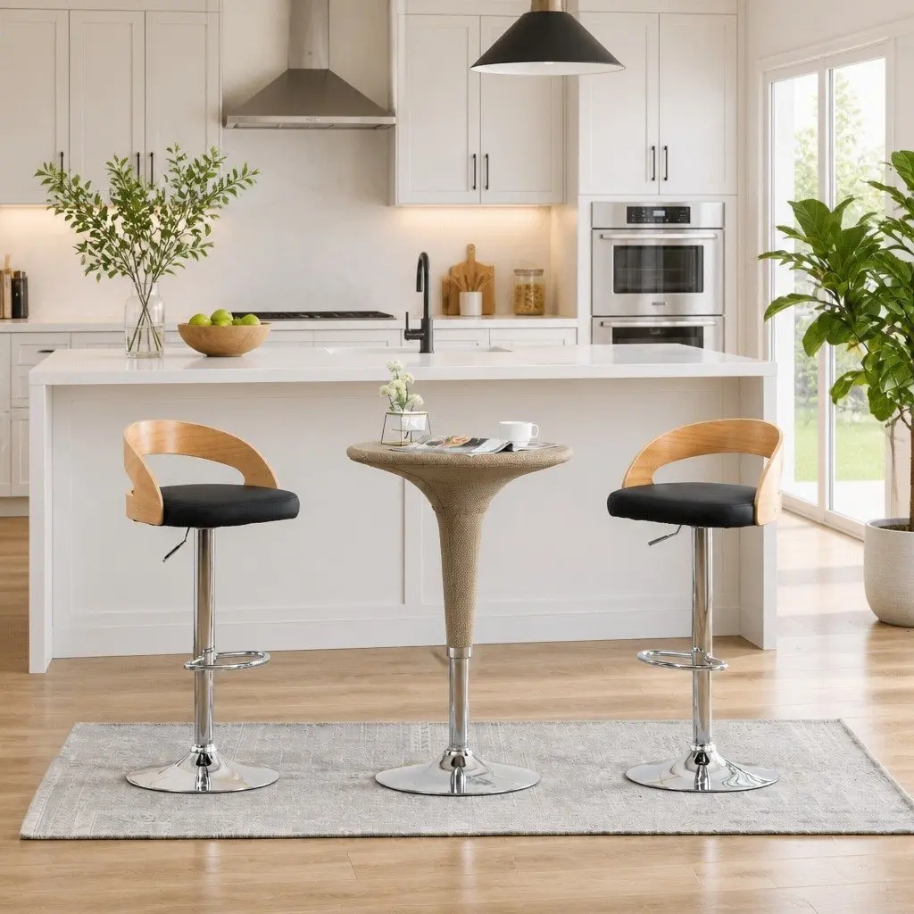 Bar Stools Faux Leather Bentwood Frame Height Adjustable Black 2 Piece