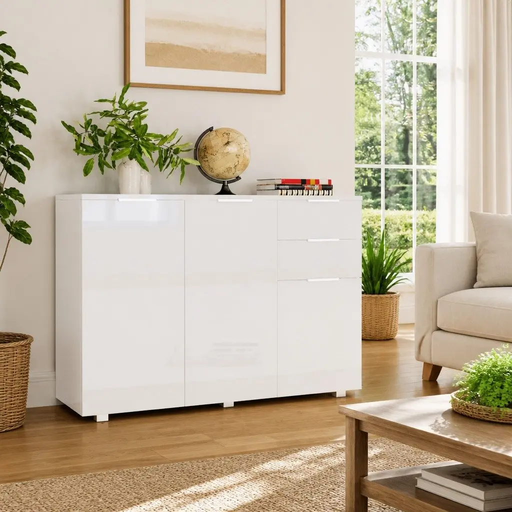 Sideboard Engineered Wood High Gloss White 107 x 35 x 80.5 cm with Drawers and Doors