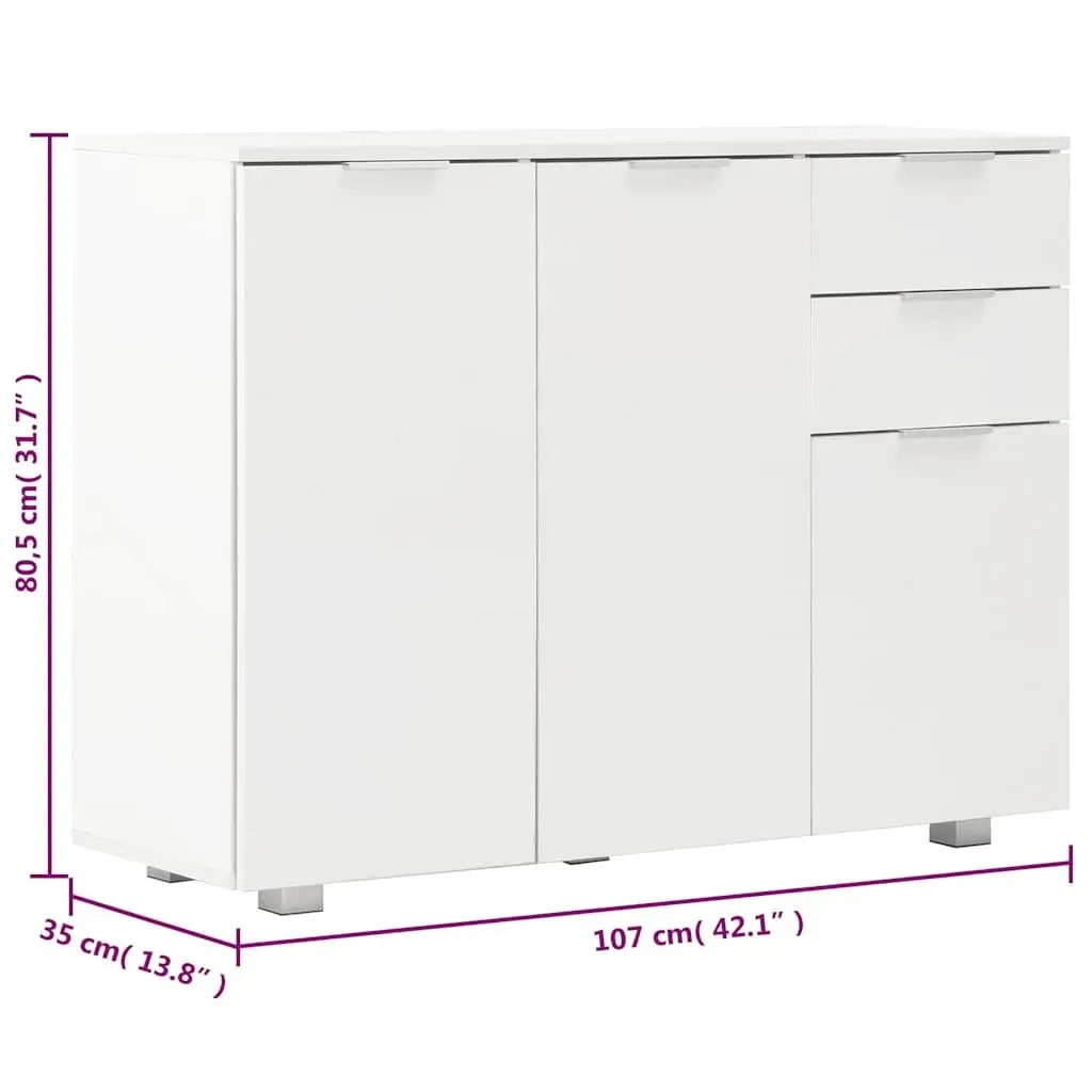 Sideboard Engineered Wood High Gloss White 107 x 35 x 80.5 cm with Drawers and Doors