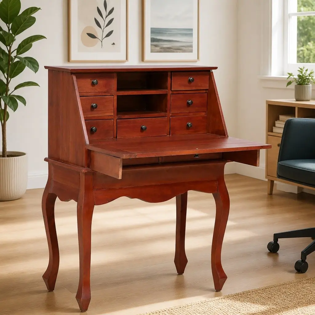 Secretary Desk Solid Mahogany Wood Brown Vintage Style Writing Desk with Flip Top Compartments and Storage Drawers