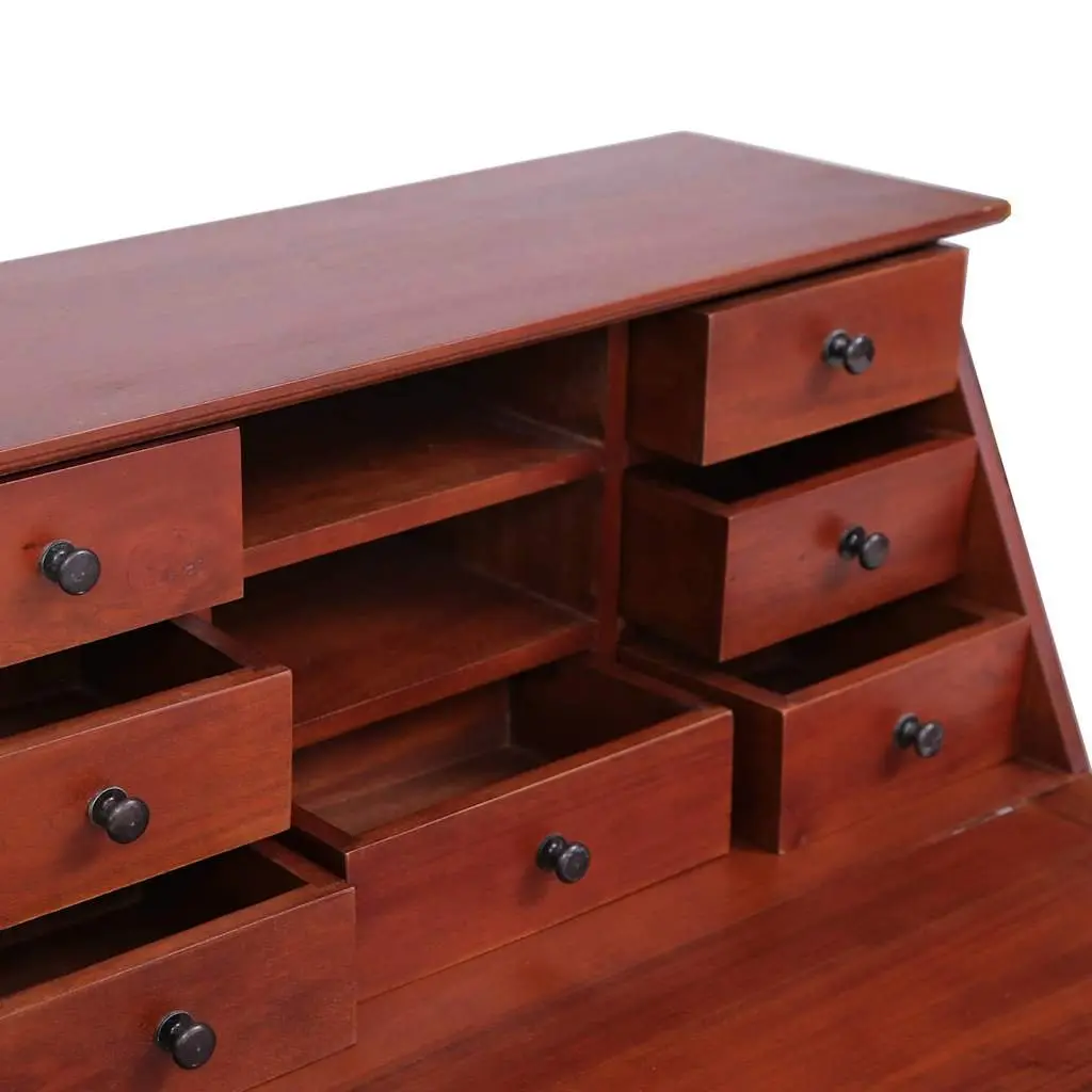 Secretary Desk Solid Mahogany Wood Brown Vintage Style Writing Desk with Flip Top Compartments and Storage Drawers