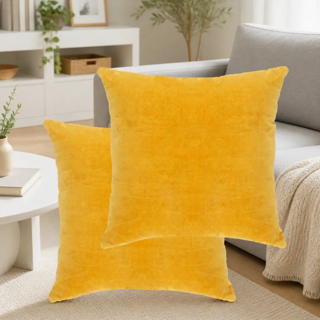 Throw Pillows Cushions Set 2 pcs 45x45 cm Yellow Cotton Velvet Home Decor