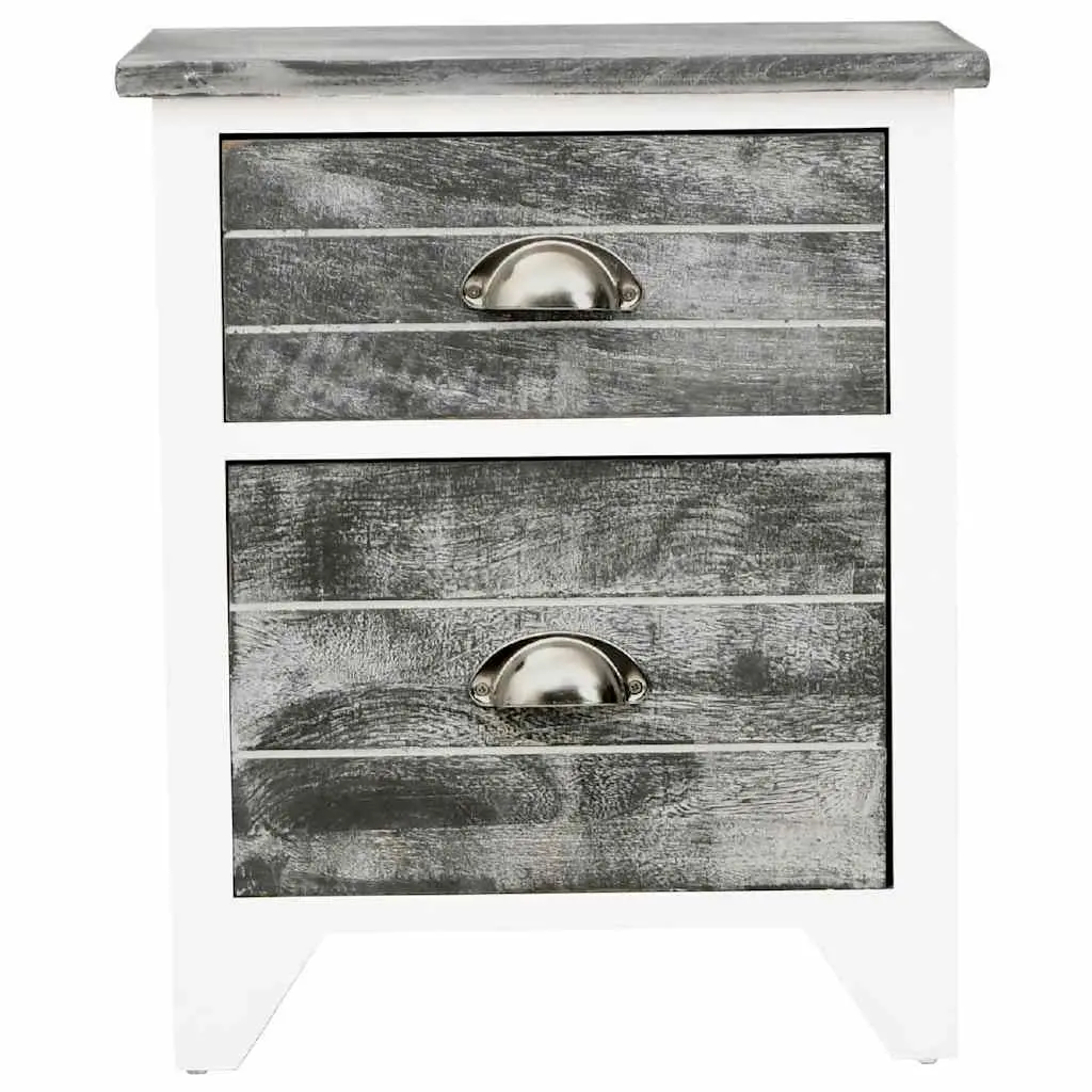 Bedside Table Paulownia Wood 38 x 28 x 45 cm Grey White 2 Drawer Nightstand Storage Cabinet