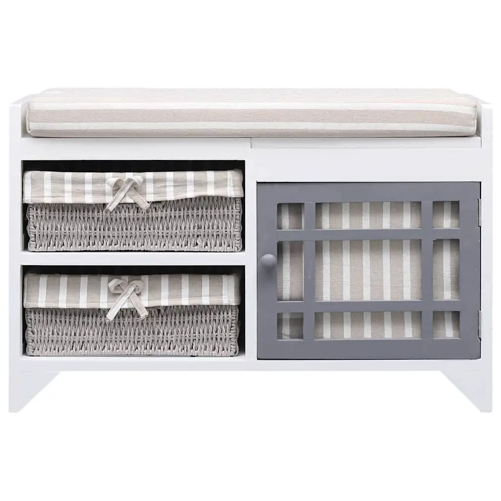 Hall Bench Storage Paulownia Wood White Cushion 2 Drawers 1 Door