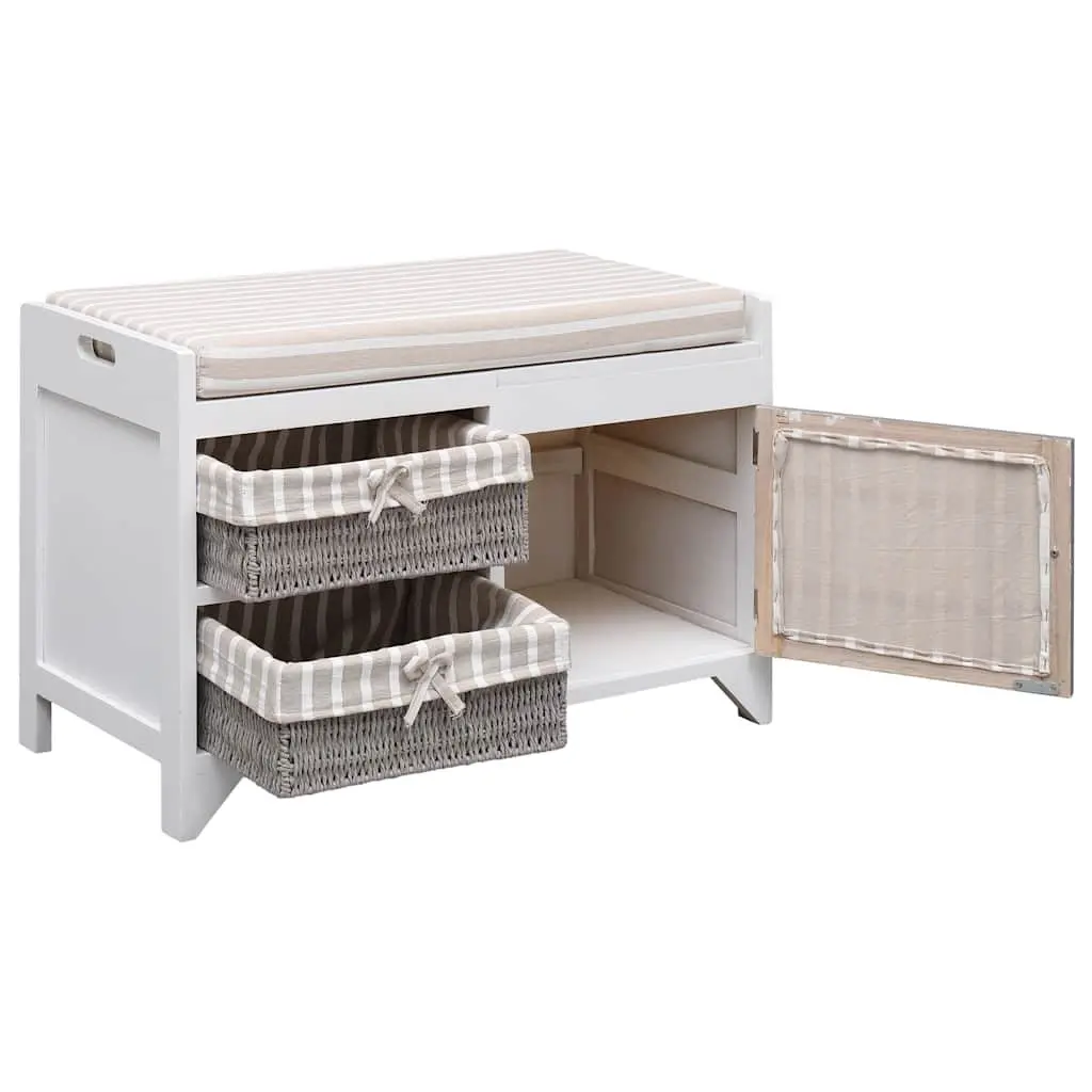 Hall Bench Storage Paulownia Wood White Cushion 2 Drawers 1 Door