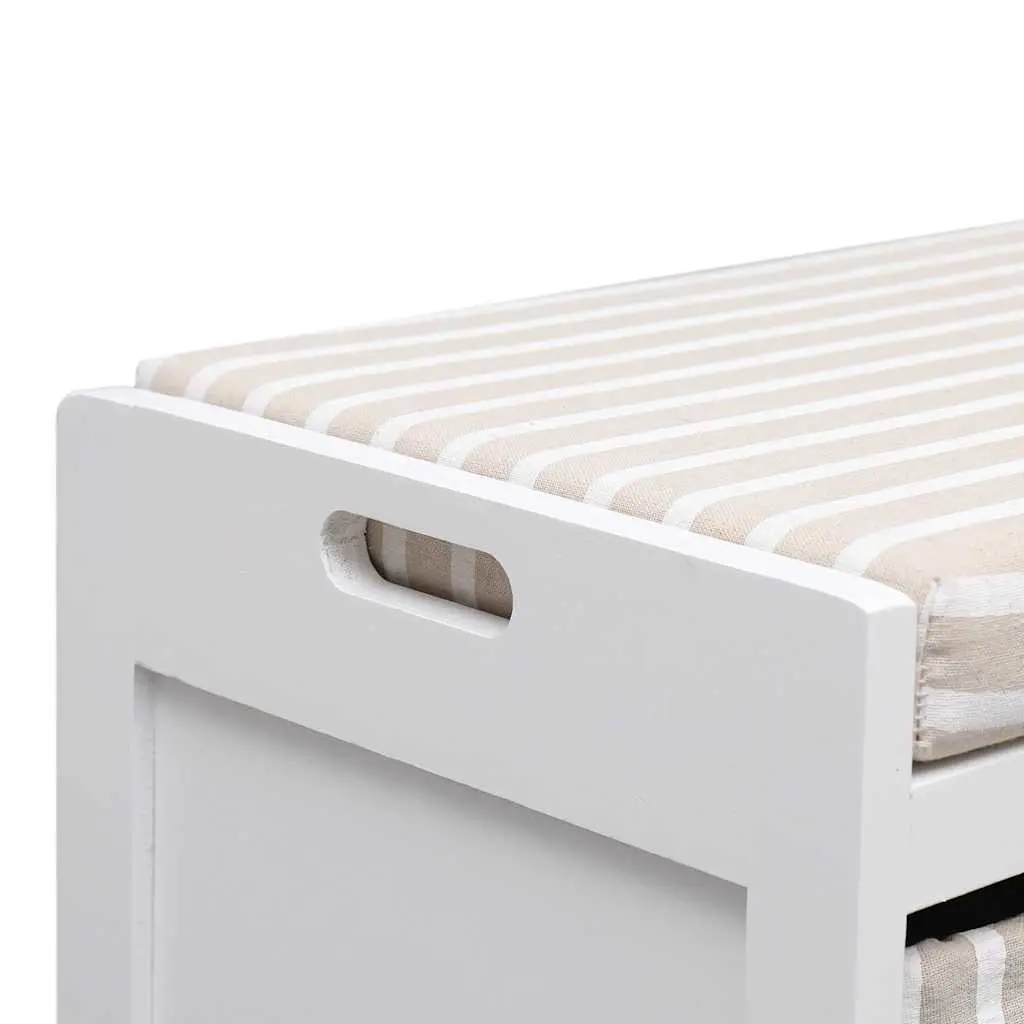 Hall Bench Storage Paulownia Wood White Cushion 2 Drawers 1 Door