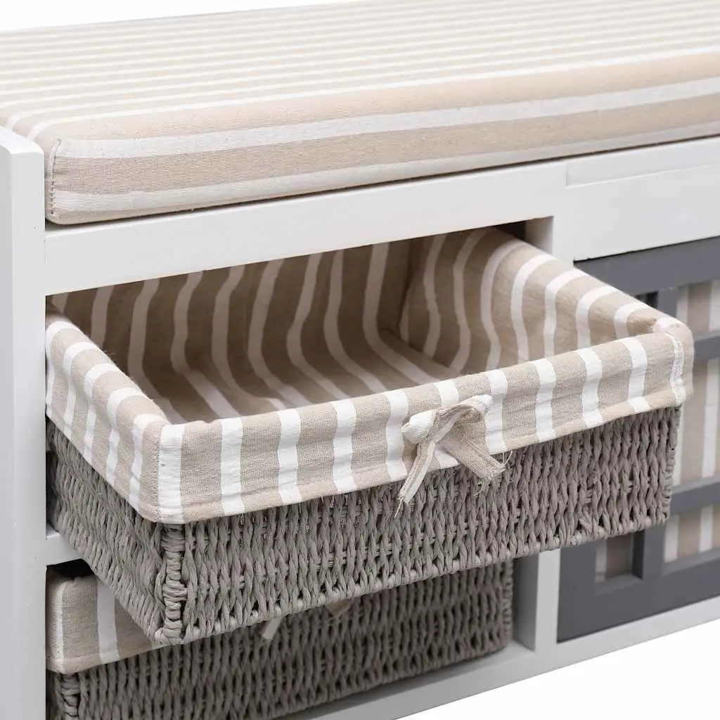 Hall Bench Storage Paulownia Wood White Cushion 2 Drawers 1 Door
