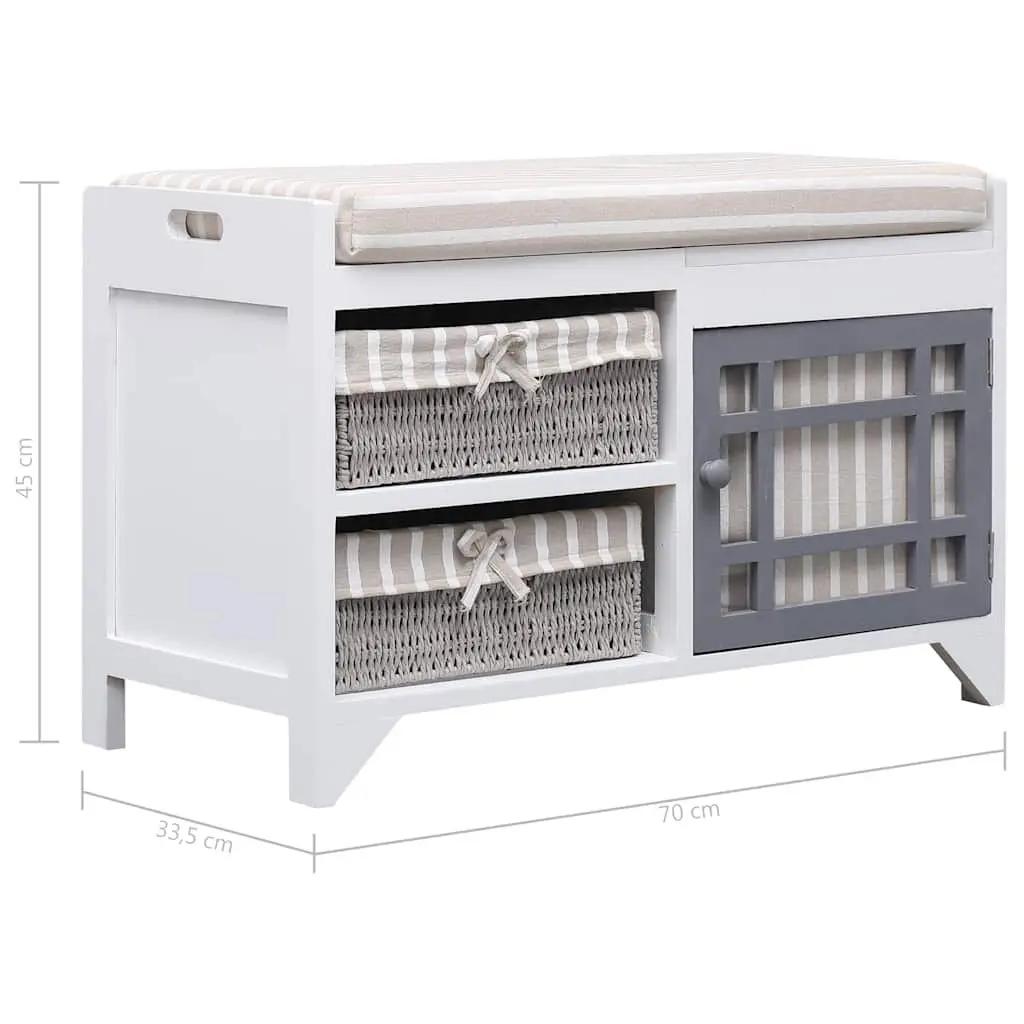 Hall Bench Storage Paulownia Wood White Cushion 2 Drawers 1 Door