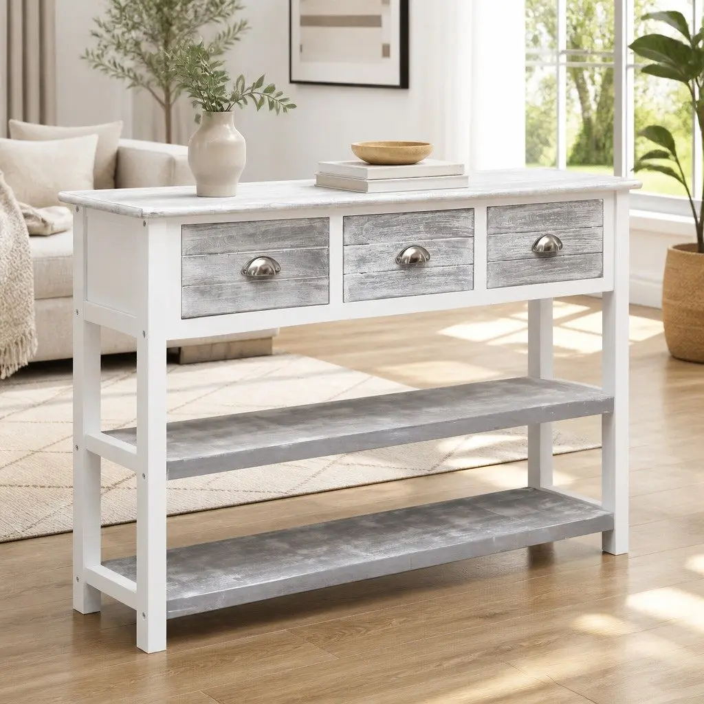Wooden Sideboard Grey Storage Cabinet 3 Drawers 2 Shelves Console Table