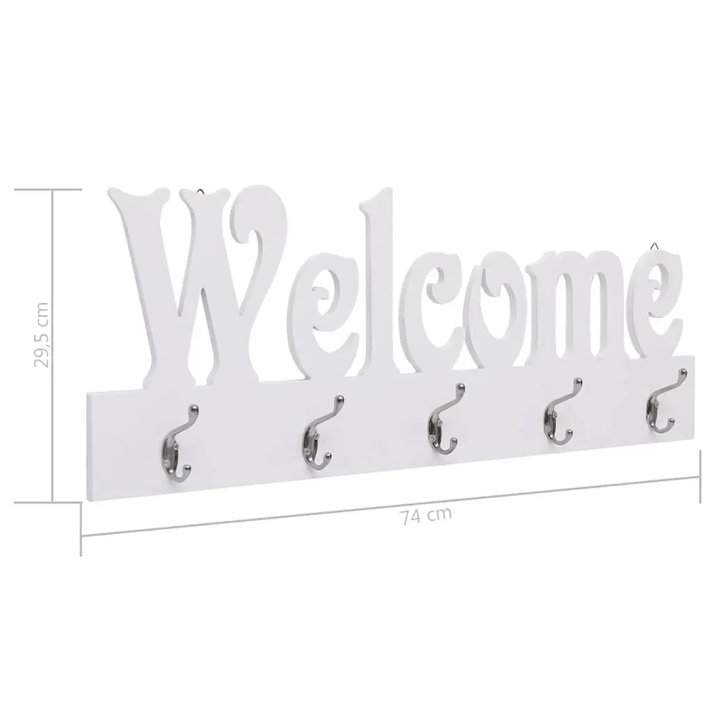 Wall Mounted Coat Rack MDF White 74 x 29.5 cm with Welcome Lettering and 5 Copper Hooks