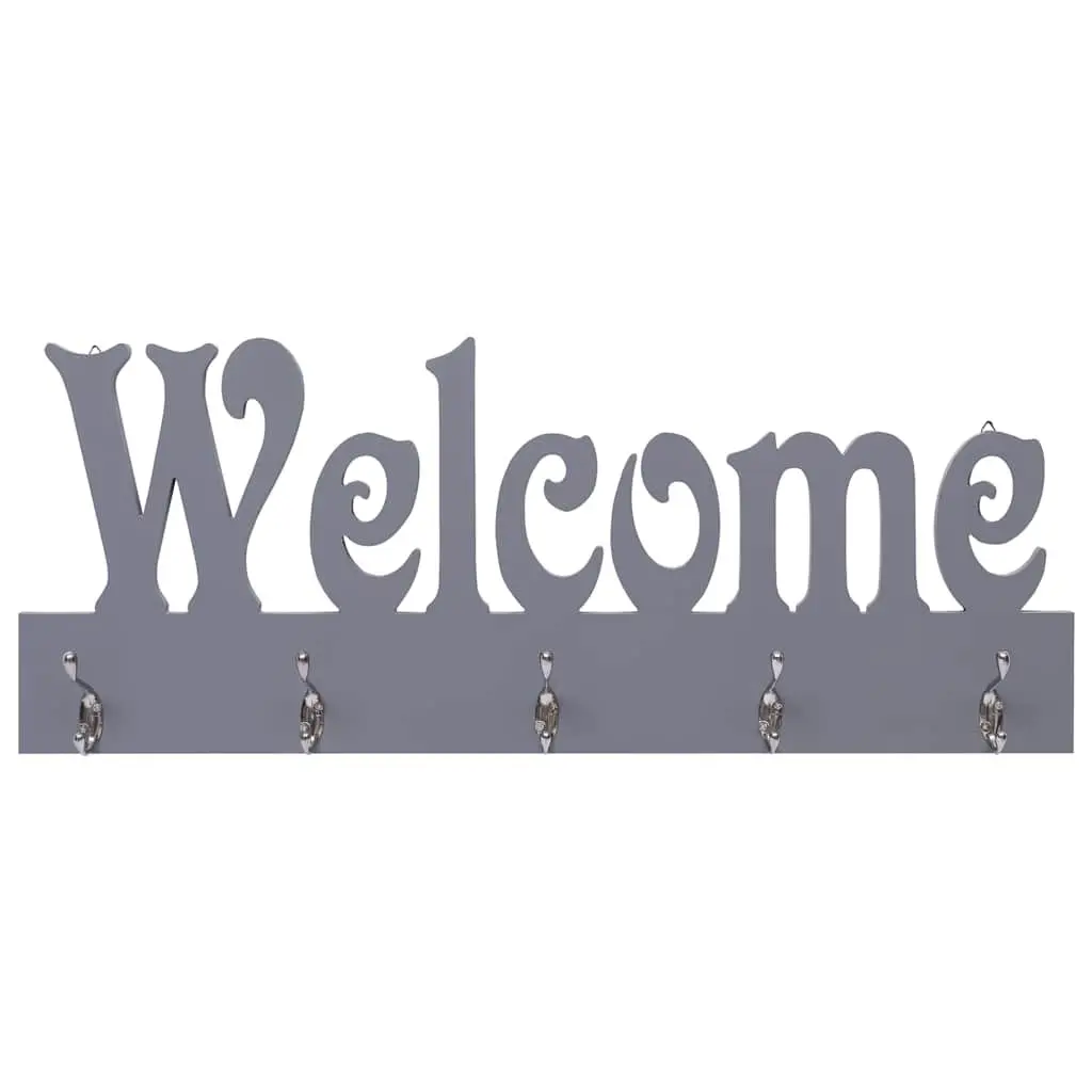 Grey Wall Mounted Coat Rack MDF 74x29.5cm with 5 Hooks Welcome Lettering