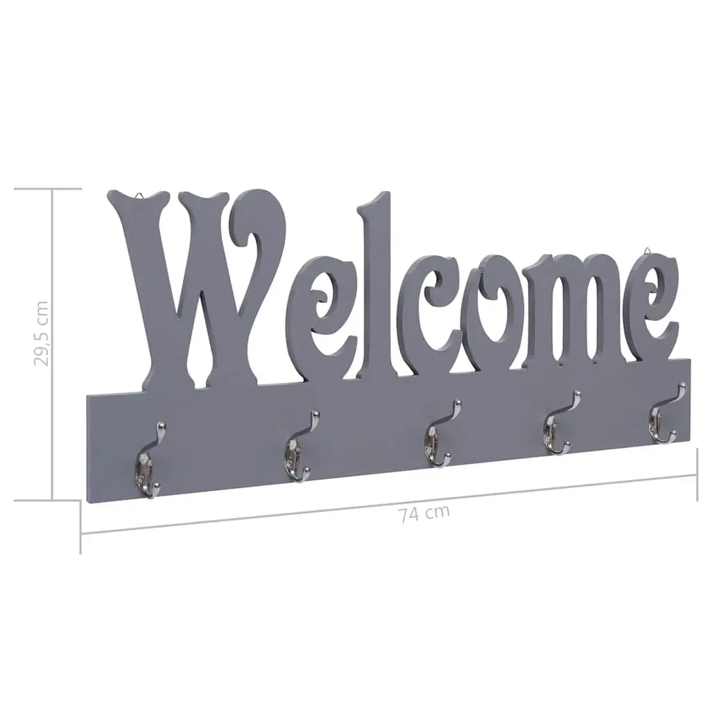 Grey Wall Mounted Coat Rack MDF 74x29.5cm with 5 Hooks Welcome Lettering