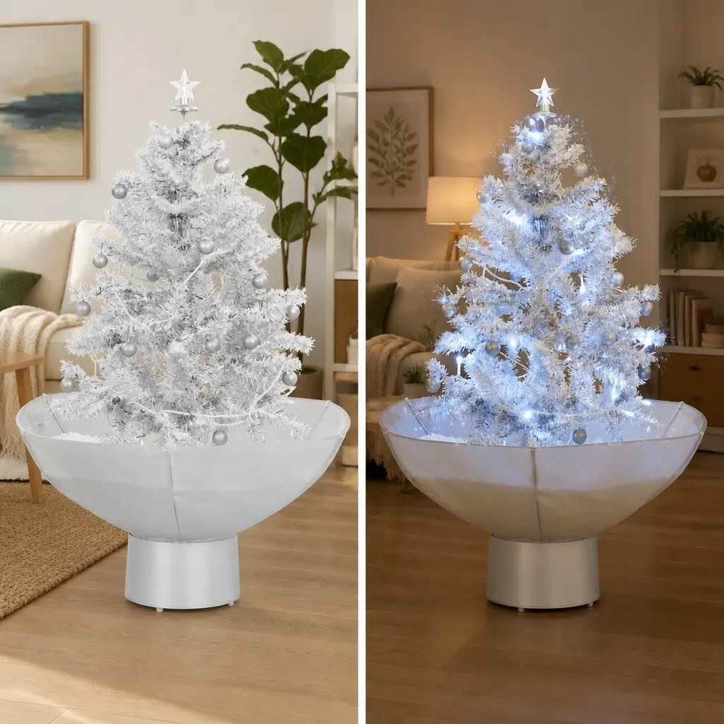 Snowing Christmas Tree Electric 75cm White with Lights Baubles Ornaments Umbrella Base