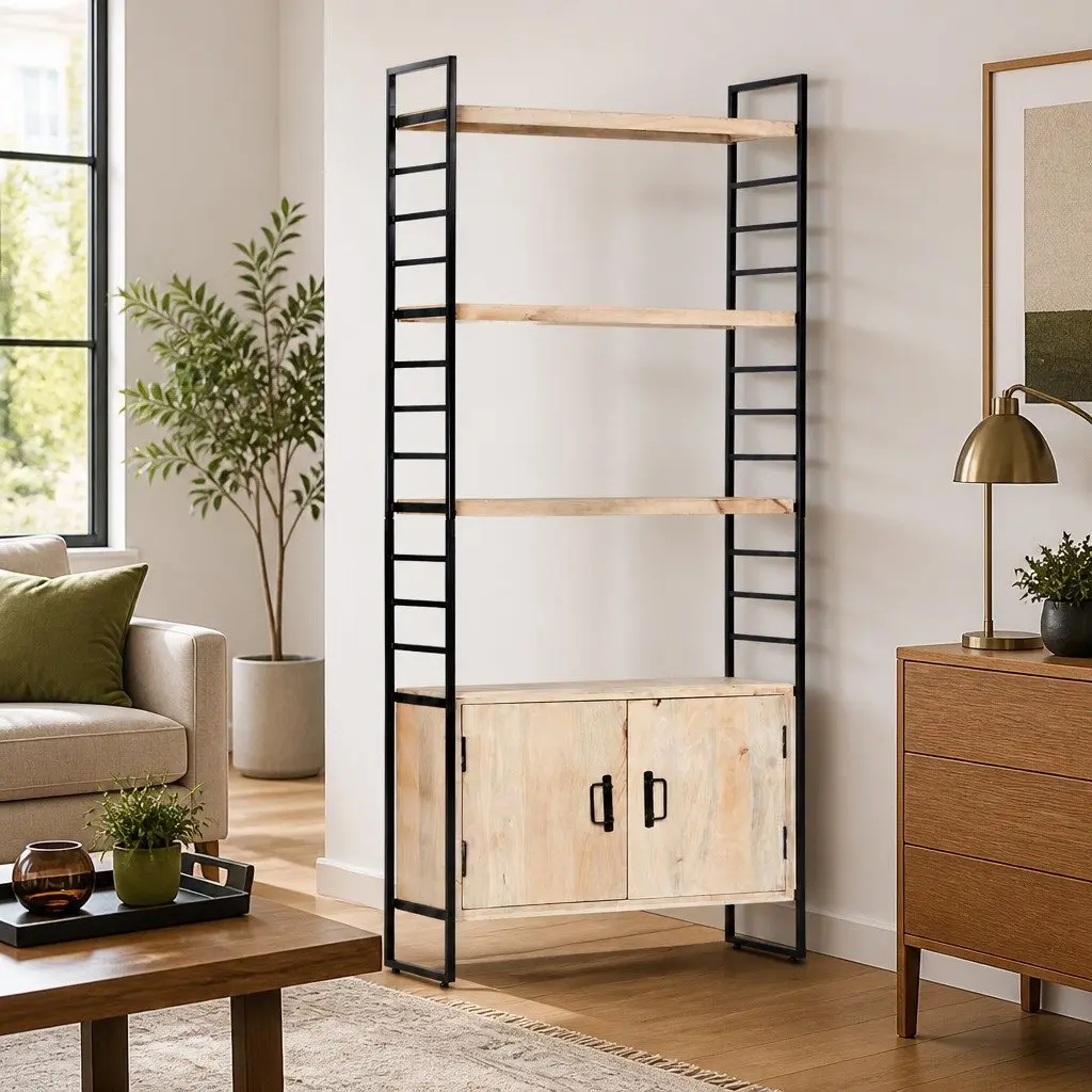 4 Shelf Mango Wood Bookcase Industrial Style Brown 80x30x180 cm Sturdy Iron Frame Storage Unit