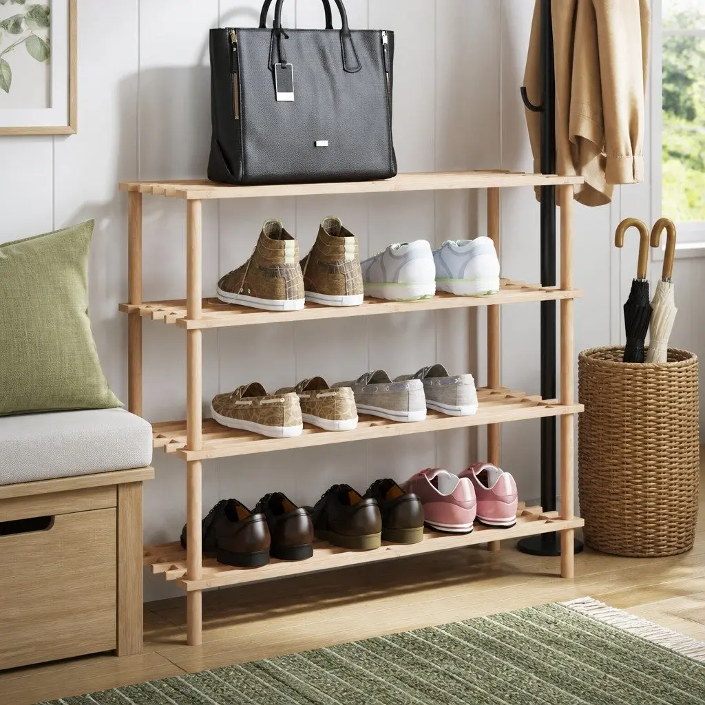 4-Tier Wooden Shoe Rack Solid Fir Wood Beige Entryway Shelf