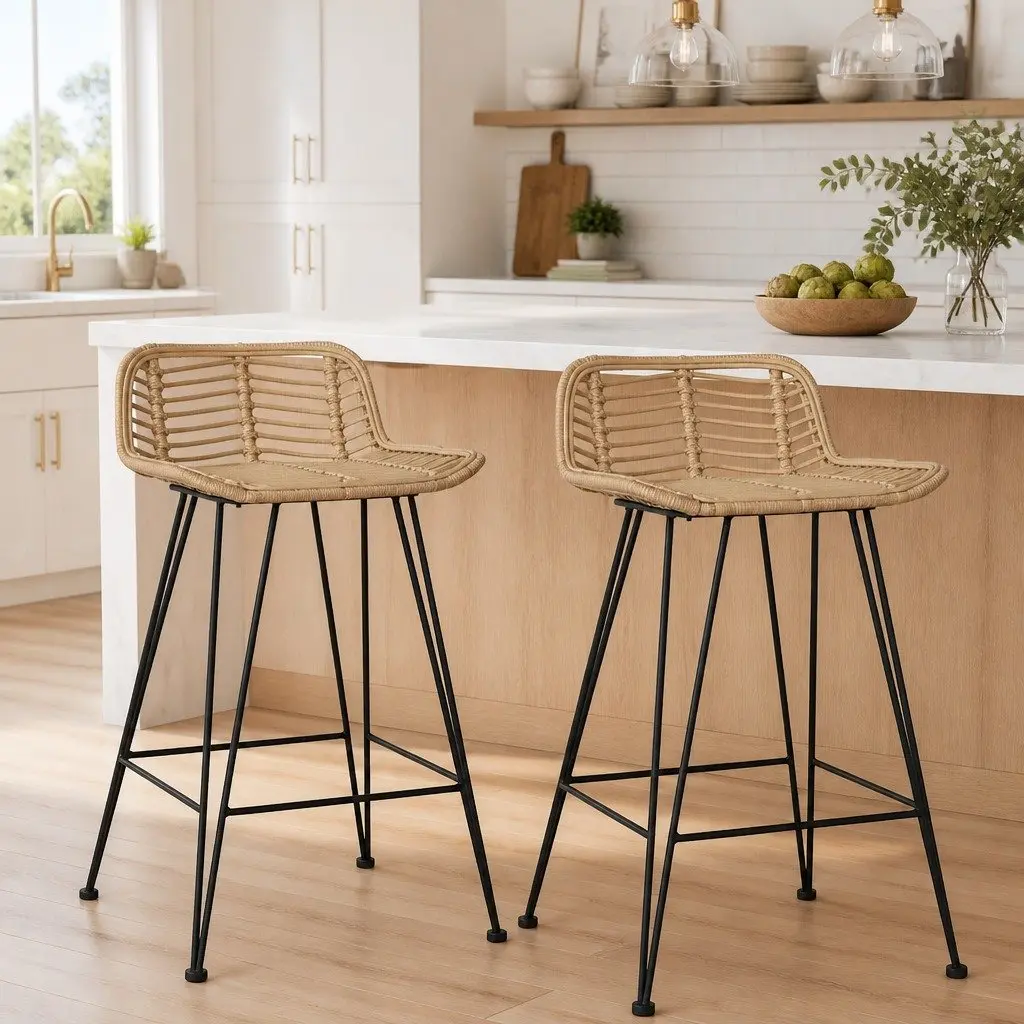 Bar Stools Rattan Seating Backrest Brown 2 Piece Rustic Counter Chairs