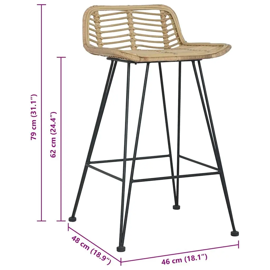 Bar Stools Rattan Seating Backrest Brown 2 Piece Rustic Counter Chairs